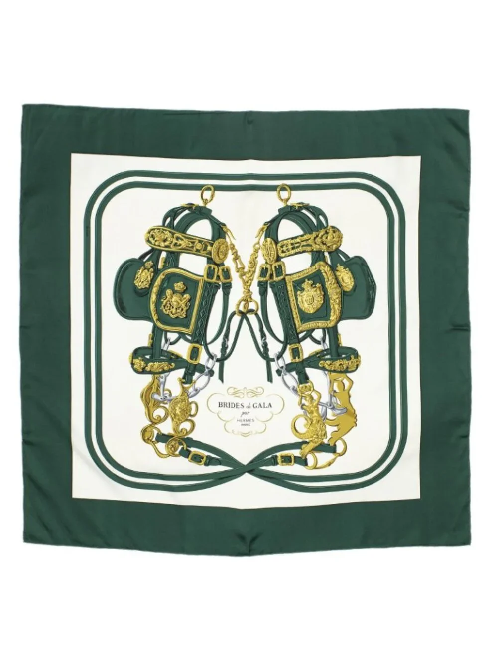 ★SOLD★ Hermes Scarf Green White 100% Gold Twill Silk - Picture 2 of 5